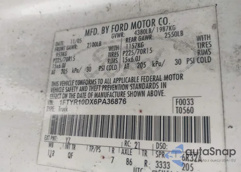 2006 Ford Ranger Xl/Xlt z USA, uszkodzony, nr VIN 1FTYR10DX6PA36876